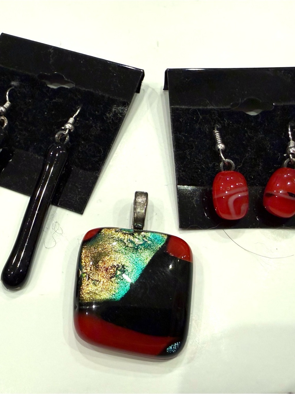 Artisan Fused Glass Pendant Earrings Set Red Black Gold Dichroic Handmade